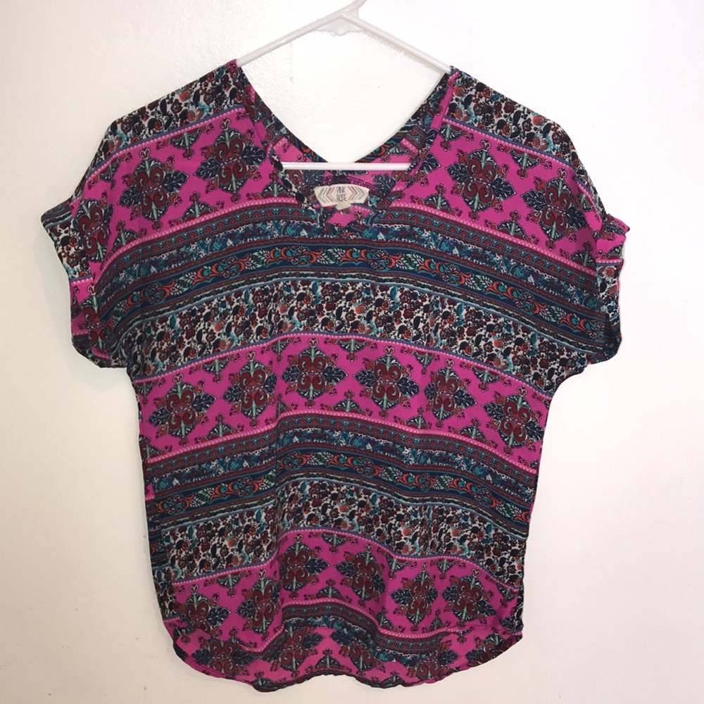Pink Rose fucsia multi pattern short sleeve top